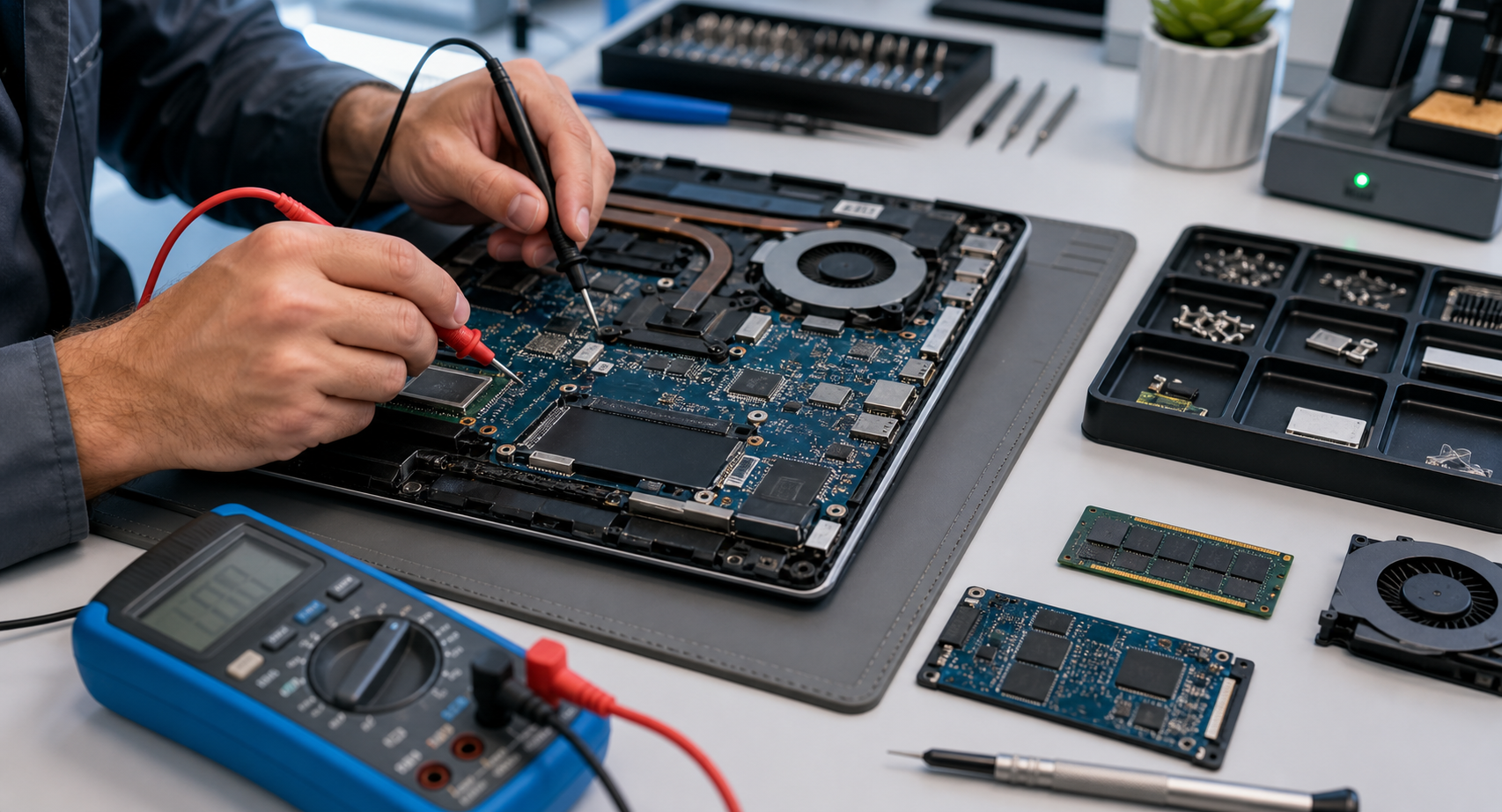 Laptop motherboard diagnostics with tools and parts